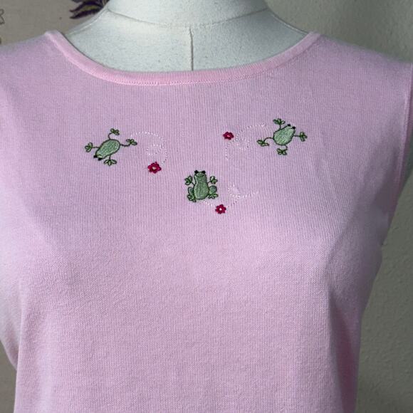 Y2k Pink Sleeveless Embroidered Frog Knit Top Grandma Whimsy Twee Novelty 2010 L - Picture 2 of 10